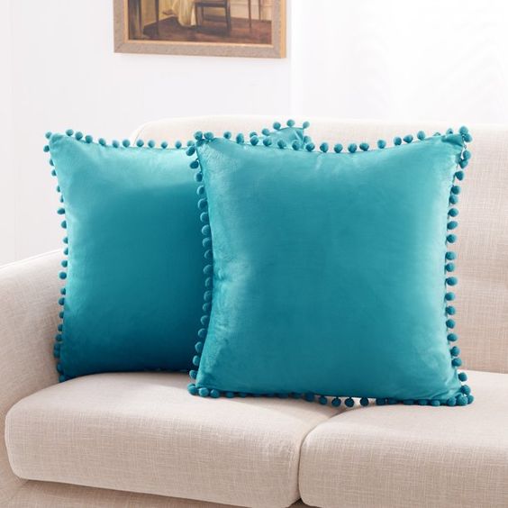 Teal Blue Pompom Lace Cotton Cushion Cover