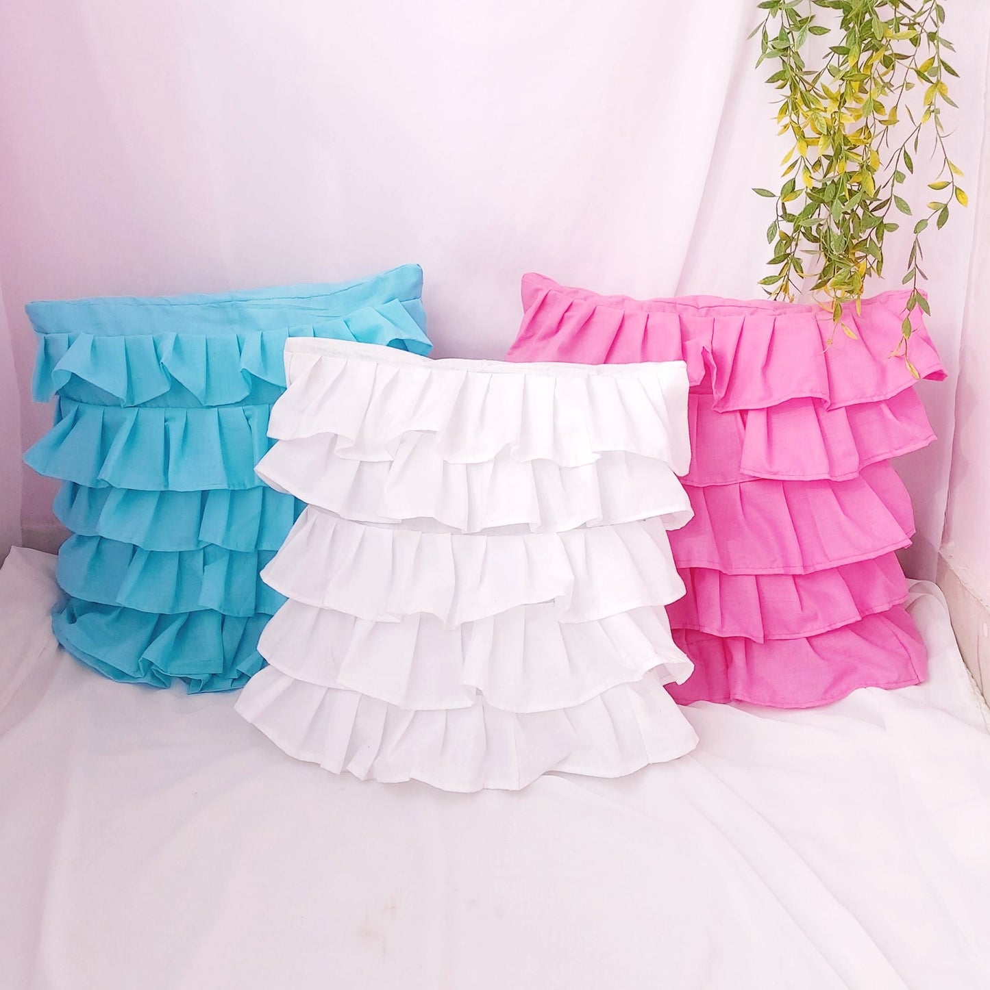 Cotton Ruffle Cushion Cover in Pink - 16x16 Inches with Quality Lining