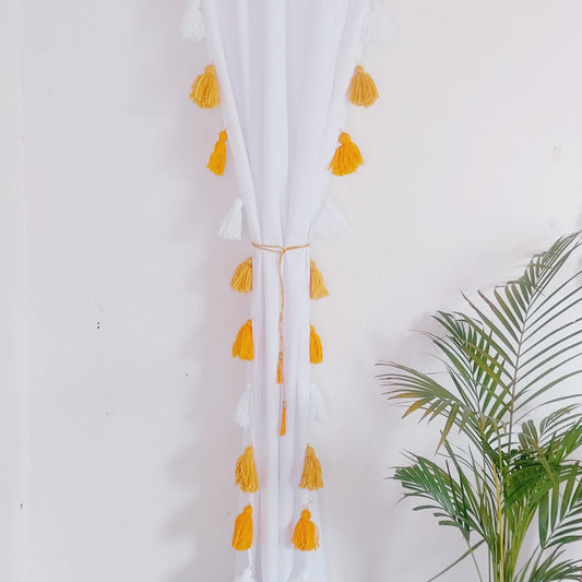 Yellow Ombre Tassel White Curtains (Cotton & Sheer)