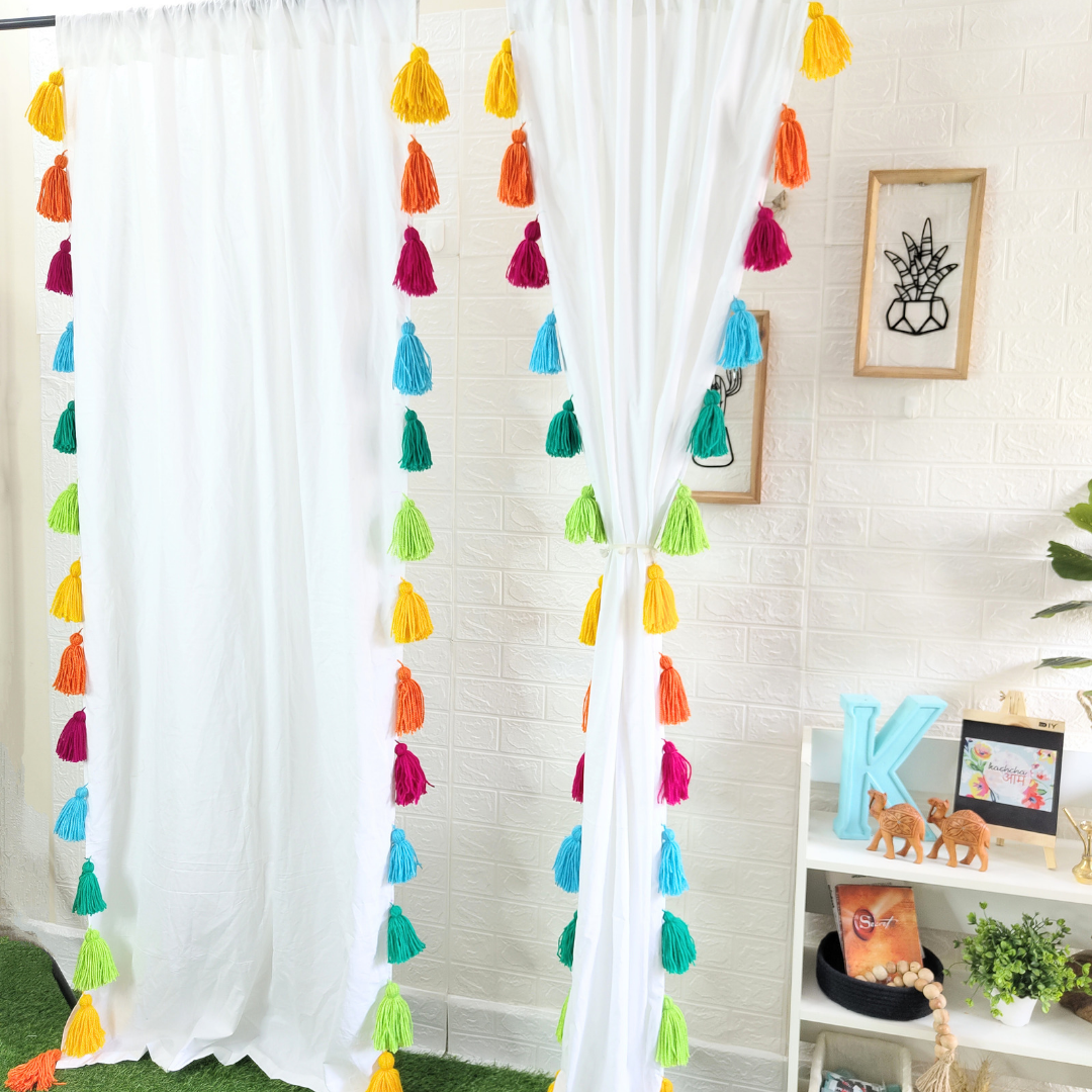 🌈 Rainbow Tassel White Curtains (Cotton & Sheer)