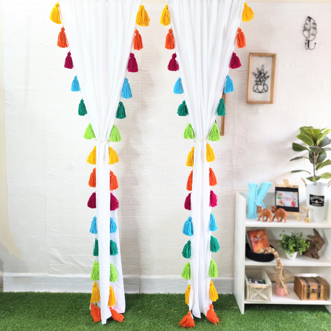 🌈 Rainbow Tassel White Curtains (Cotton & Sheer)