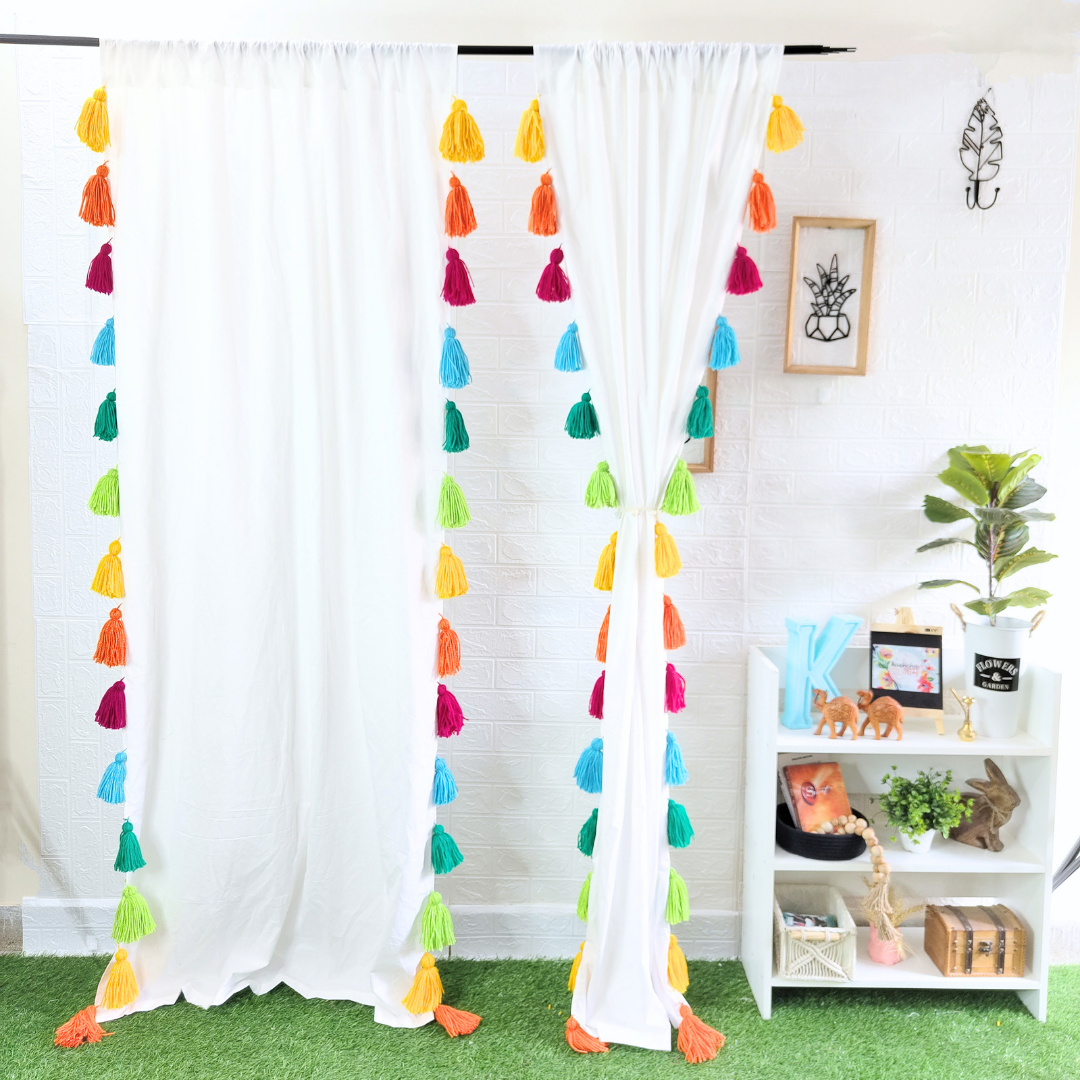 🌈 Rainbow Tassel White Curtains (Cotton & Sheer)