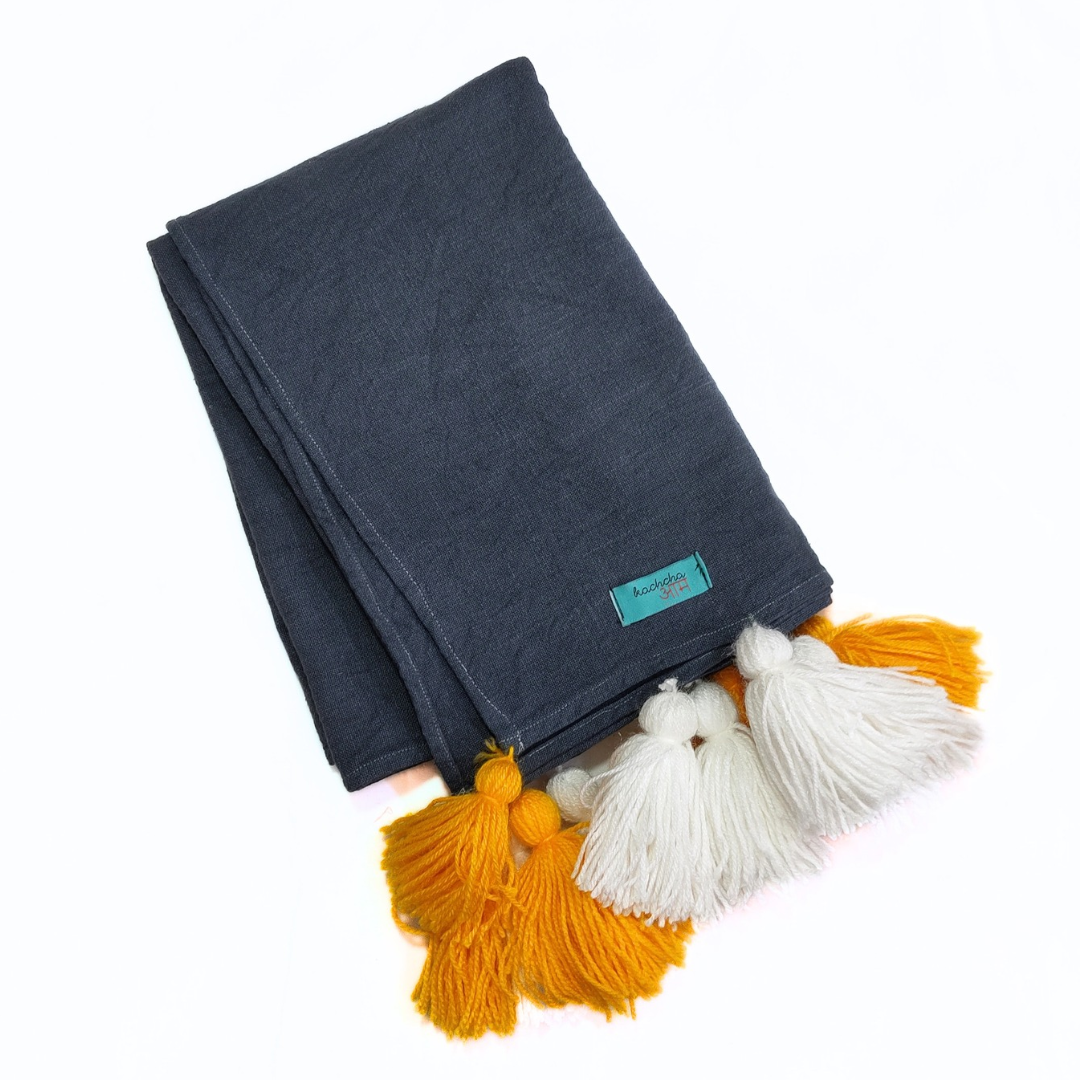 Grey Cotton Slub Sofa Cover with Yellow & White Tassels