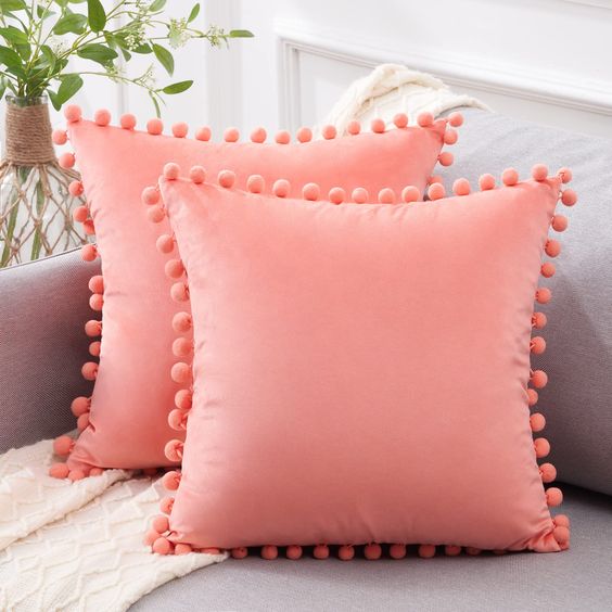 Peach Pompom Lace Cotton Cushion Cover