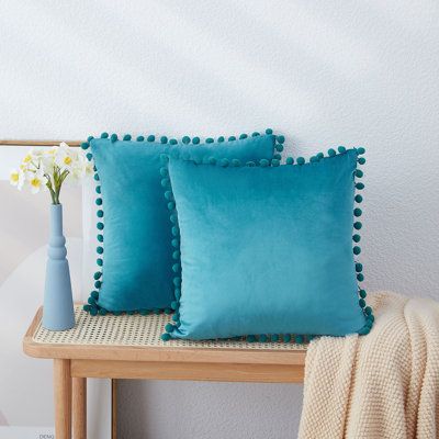 Teal Blue Pompom Lace Cotton Cushion Cover