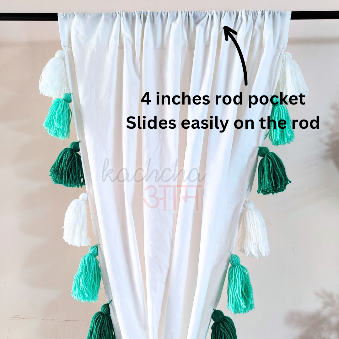 Sea Green Ombre Tassel White Curtains (Cotton & Sheer)