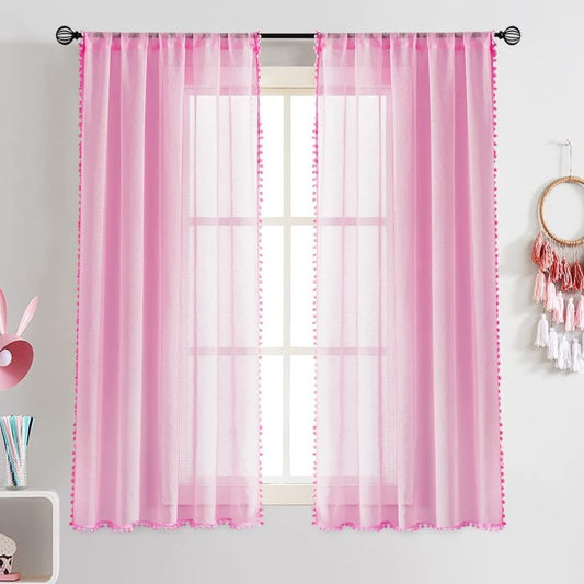 Pink Pompom Lace Georgette Sheer Curtain