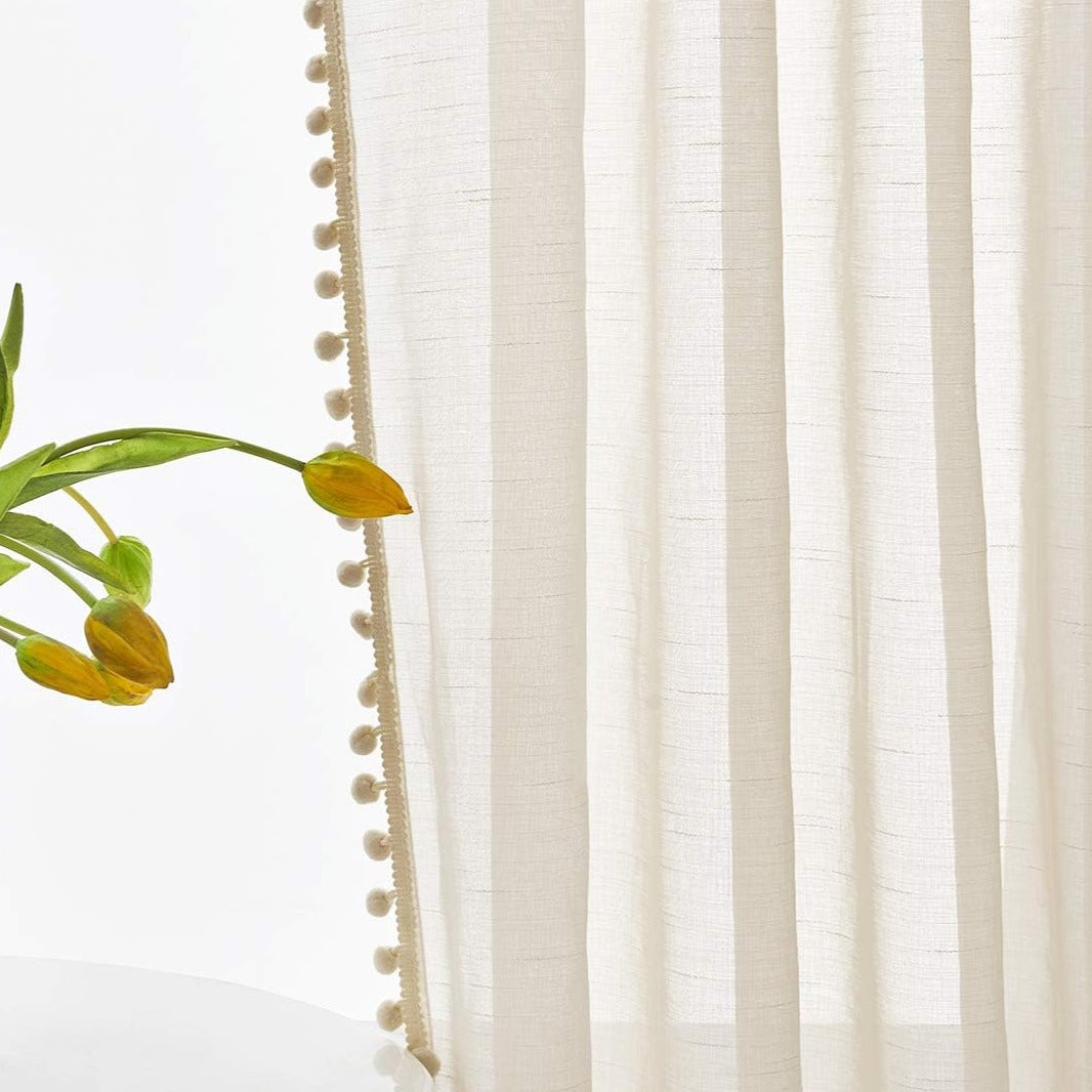 Beige Pompom Lace Georgette Sheer Curtain