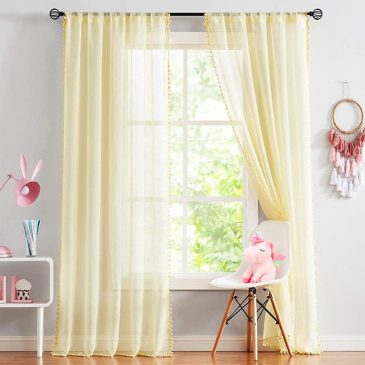 Yellow Pompom Lace Georgette Sheer Curtain