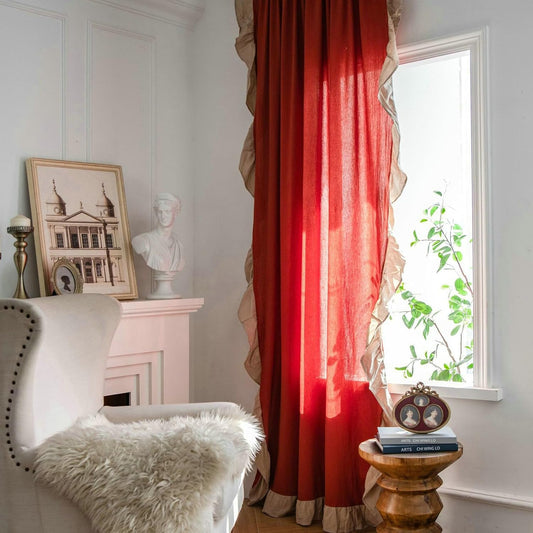 Dual Tone Red Beige Side Frill Curtains 100% Cotton Material