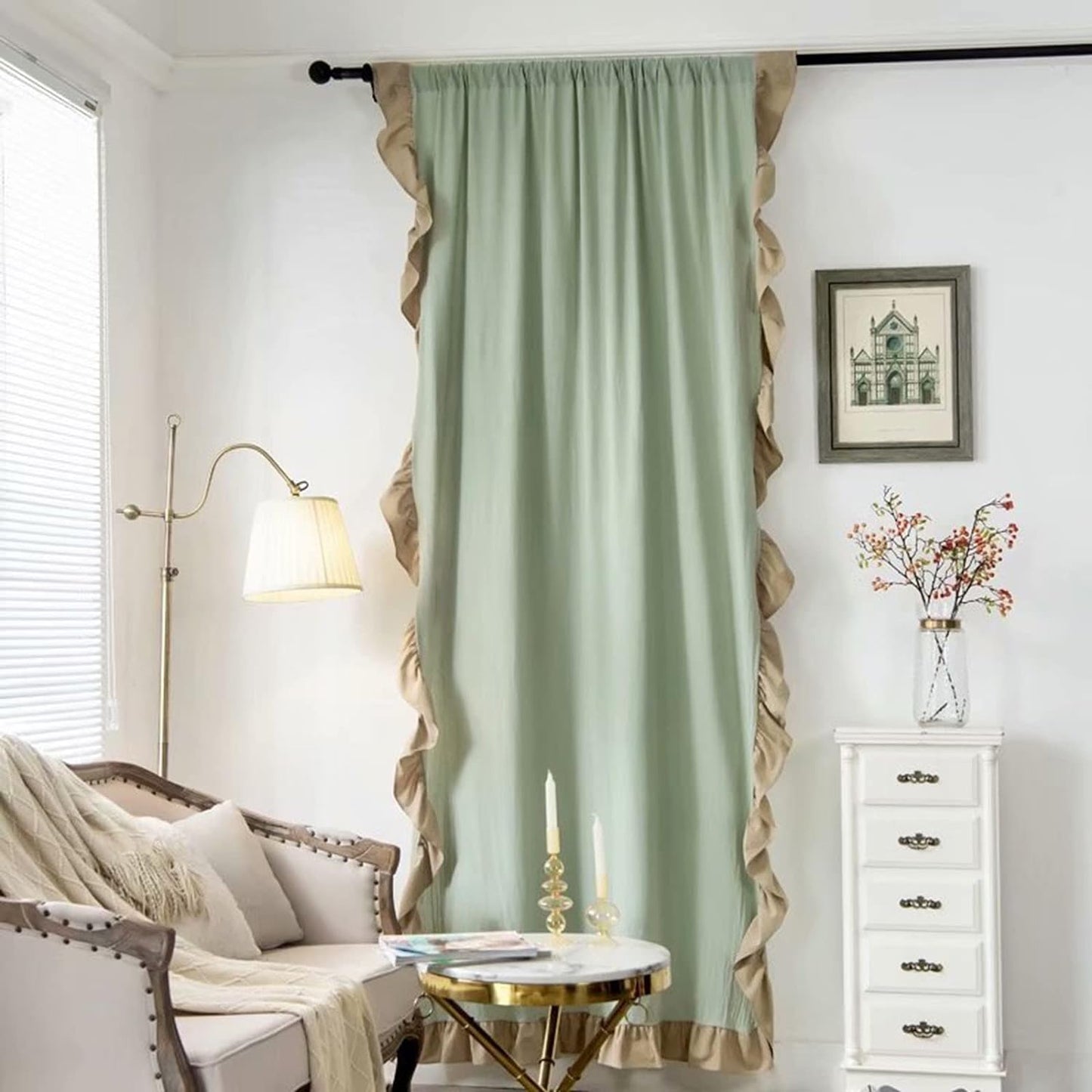 Dual Tone Mint Beige Side Frill Curtains 100% Cotton Material