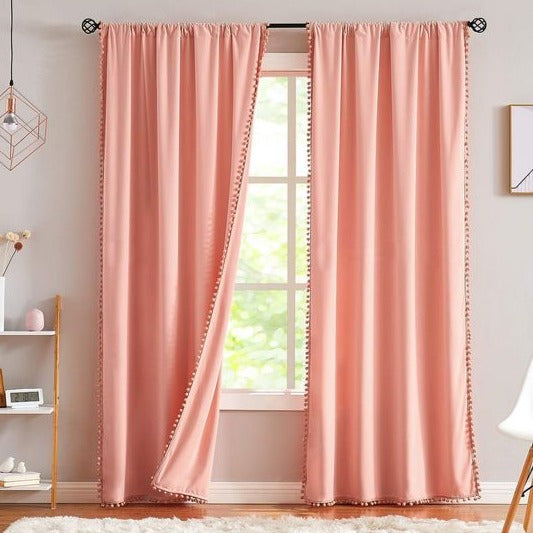 Peach Pompom Lace Colored Cotton Curtains