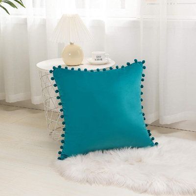 Teal Blue Pompom Lace Cotton Cushion Cover