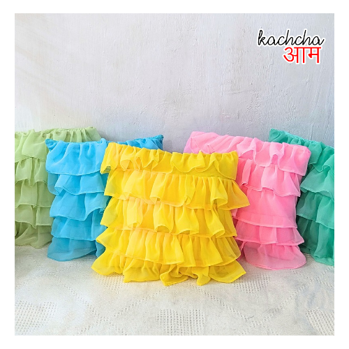 Georgette Ruffle Cushion Cover in Blue - 16x16 Inches with Quality Lining