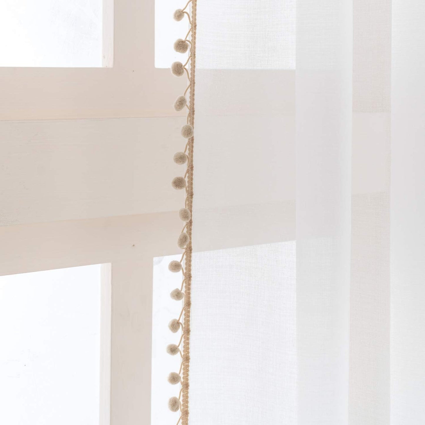 Beige Color Pompom Lace White Sheer Curtain
