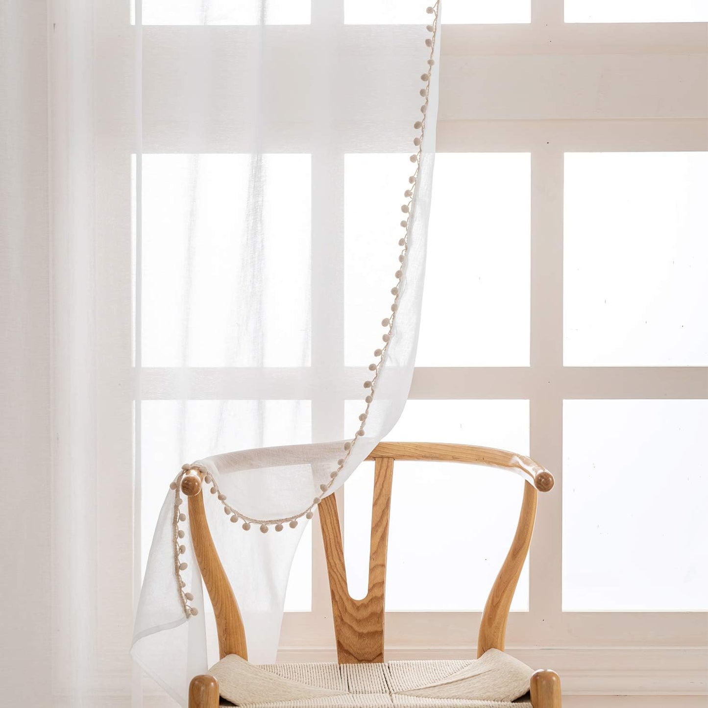 Beige Color Pompom Lace White Sheer Curtain