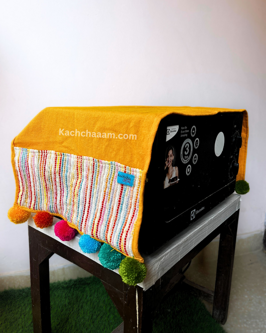 Marigold Cotton Slub Solid Microwave Cover with Multicolored Jacquard Fabric Pockets and Rainbow Pompom