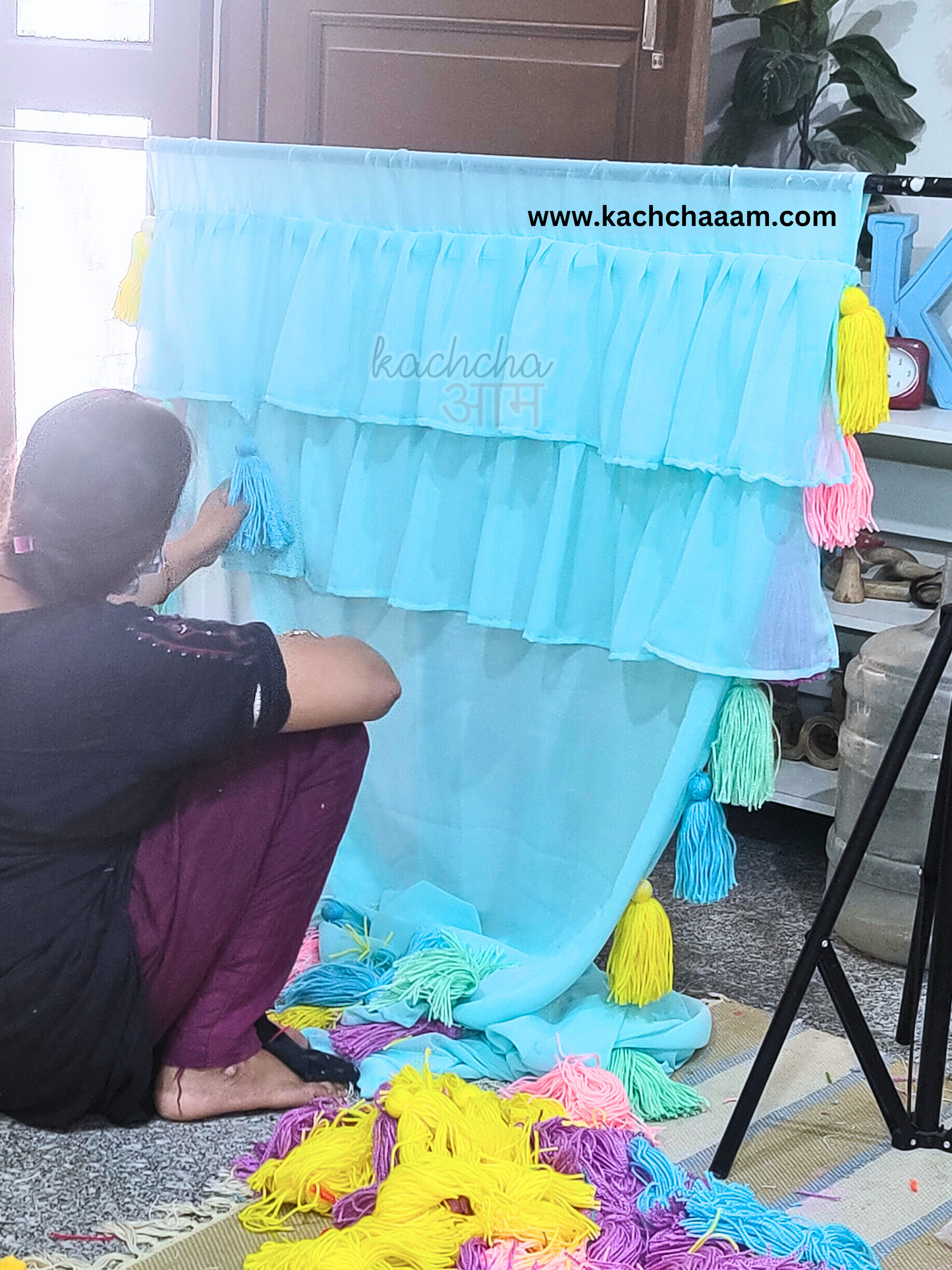 Celestial Tassel Double Layered Sky Blue Curtain with Two Frills on Top