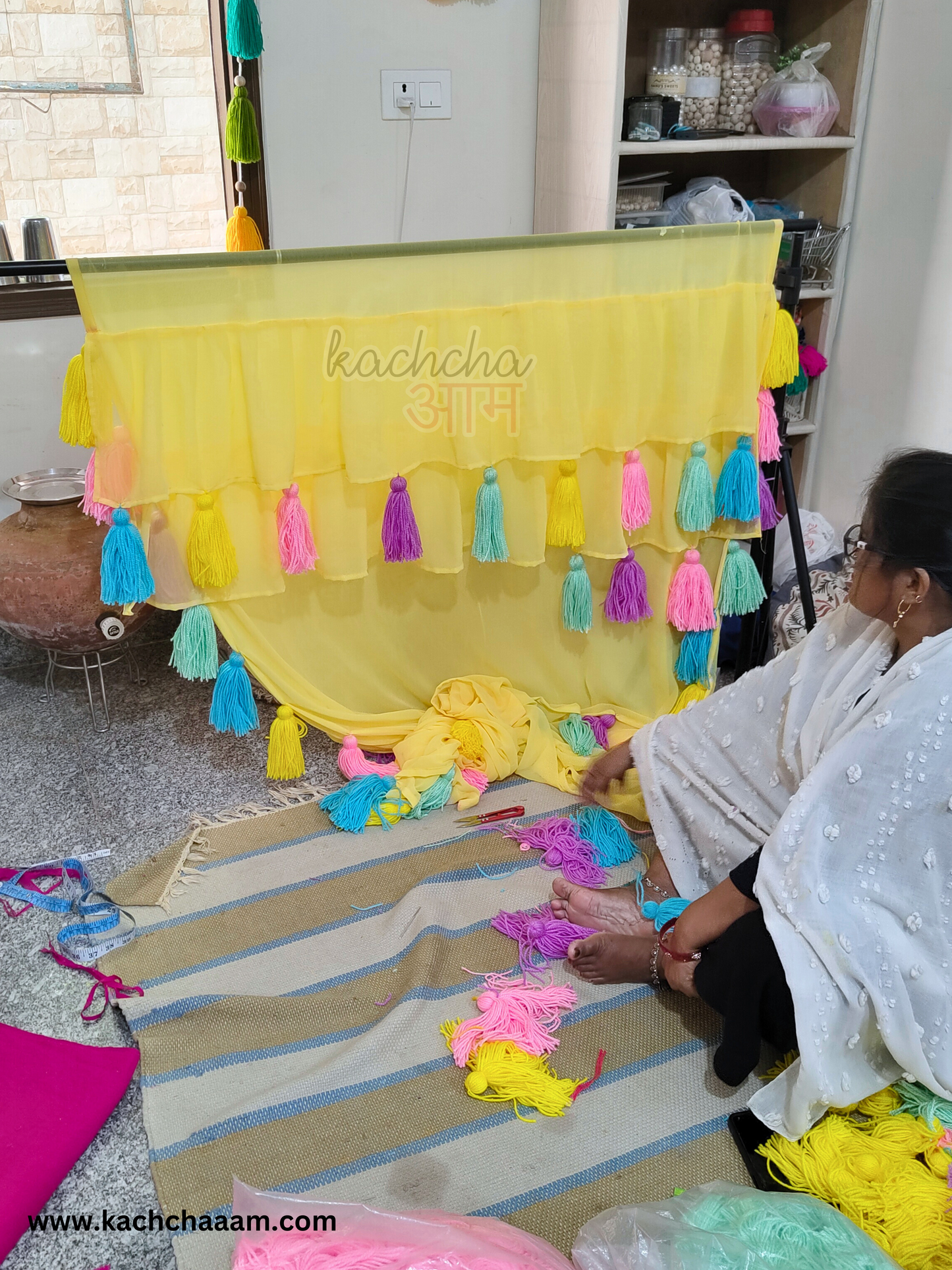 Celestial Tassel Double Layered Lemon Curtain with Two Frills on Top