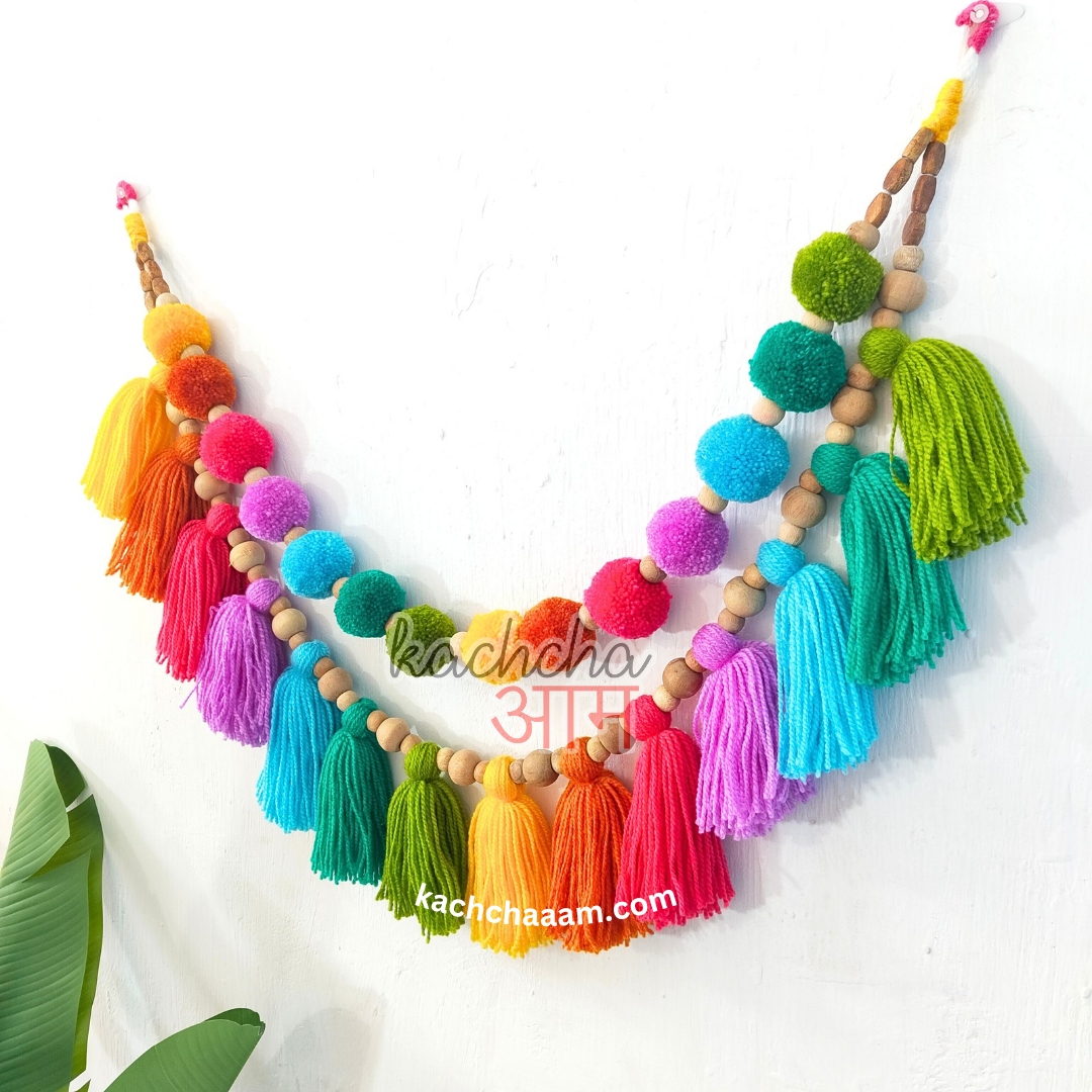 2 Layered Rainbow Pompom and Tassel Wool Bunting Wall Decor