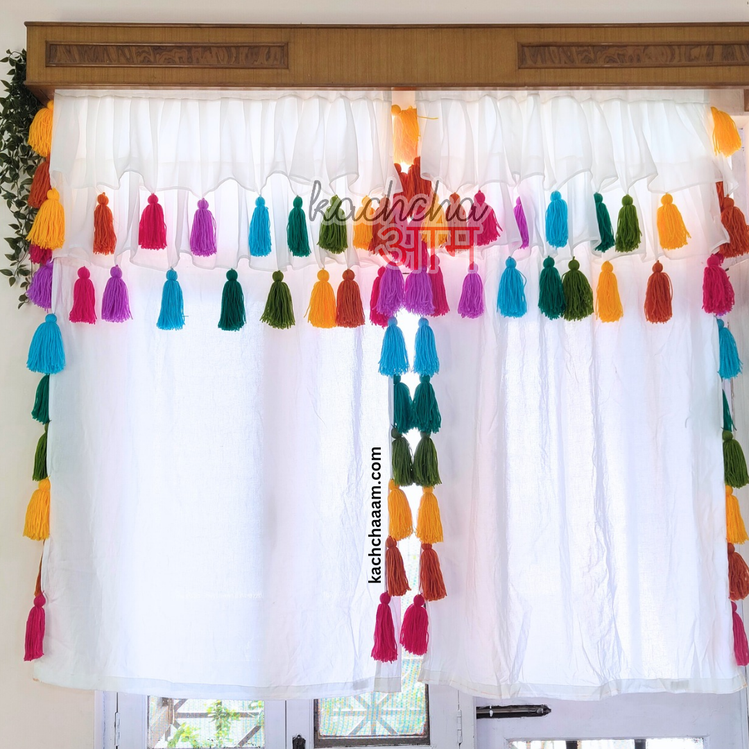 Rainbow Tassel Curtains with Double Frills on Top (Cotton & Sheer)