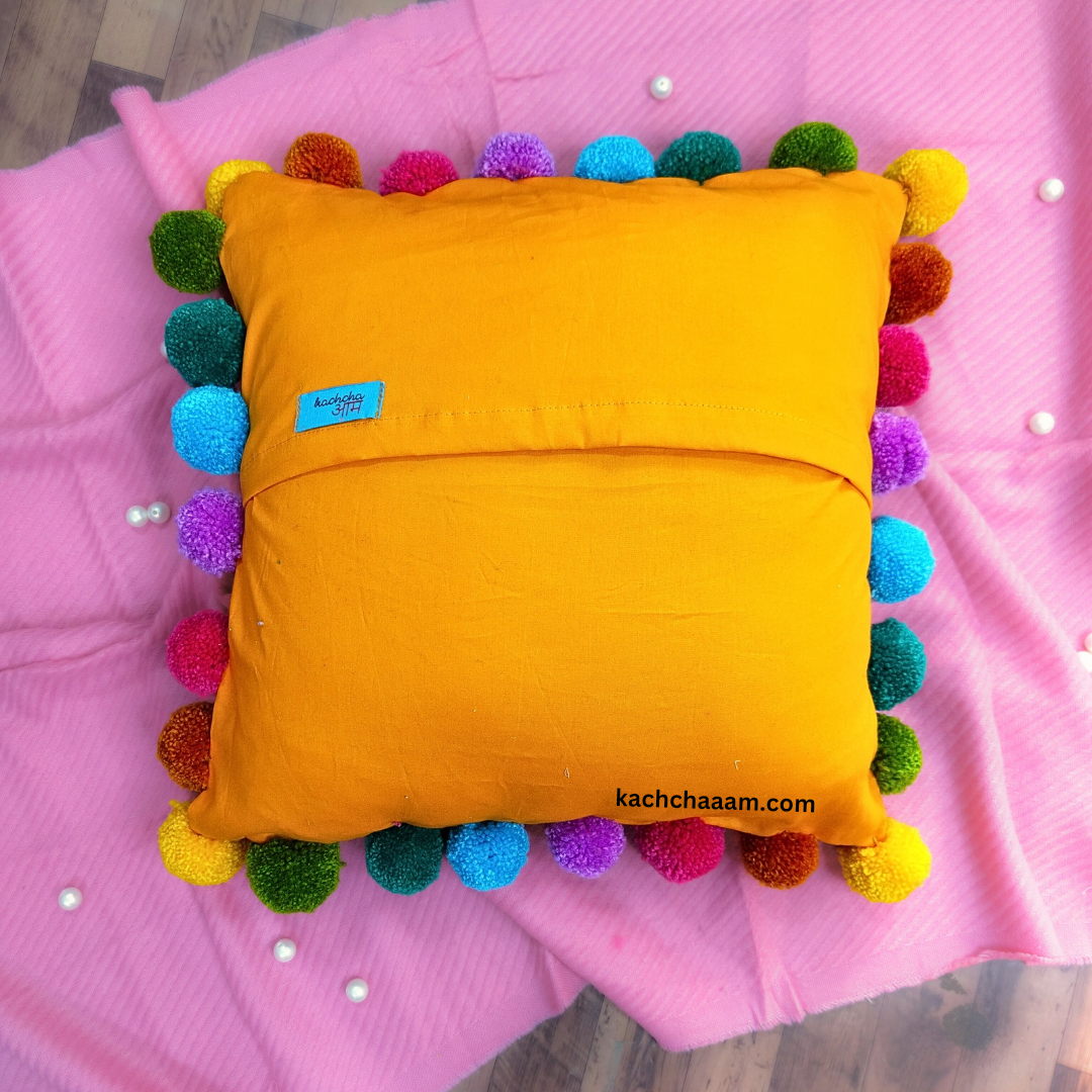 Multi Pompom Orange Cotton Cushion Cover with Lining