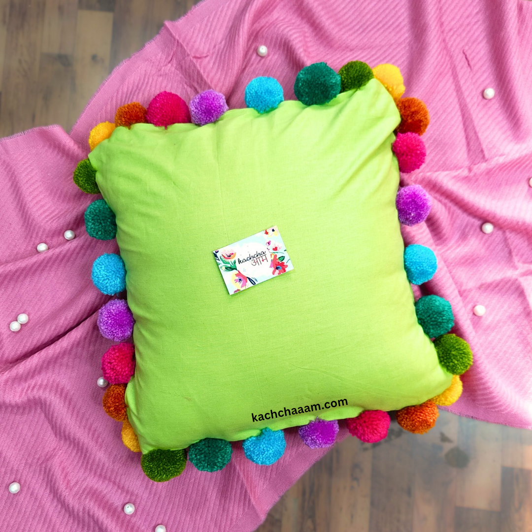 Multi Pompom Mint Green Cotton Cushion Cover with Lining