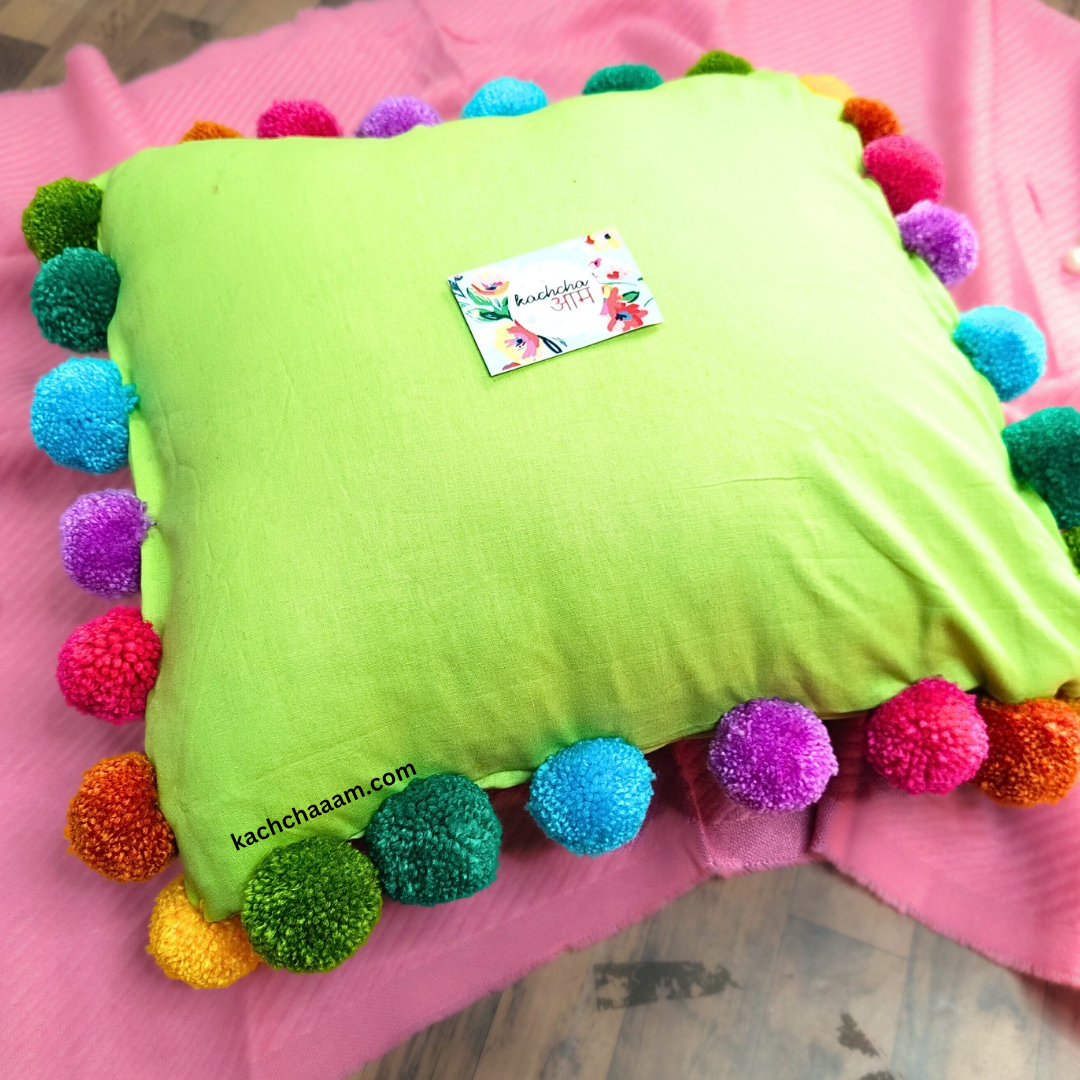 Multi Pompom Mint Green Cotton Cushion Cover with Lining