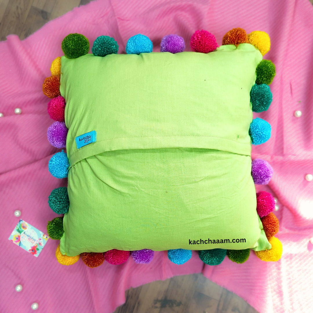 Multi Pompom Mint Green Cotton Cushion Cover with Lining