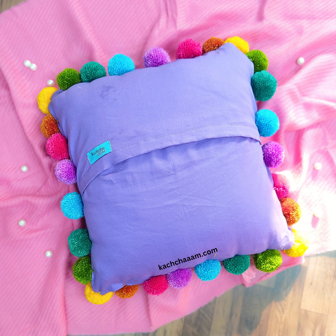 Multi Pompom Lavender Cotton Cushion Cover with Lining