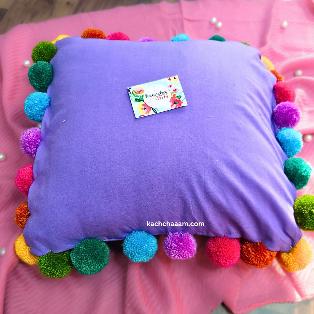 Multi Pompom Lavender Cotton Cushion Cover with Lining