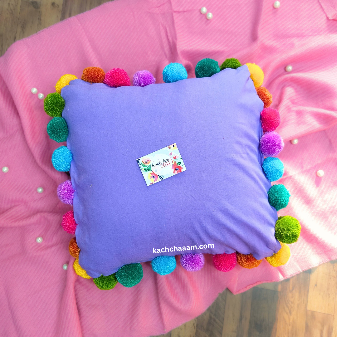Multi Pompom Lavender Cotton Cushion Cover with Lining