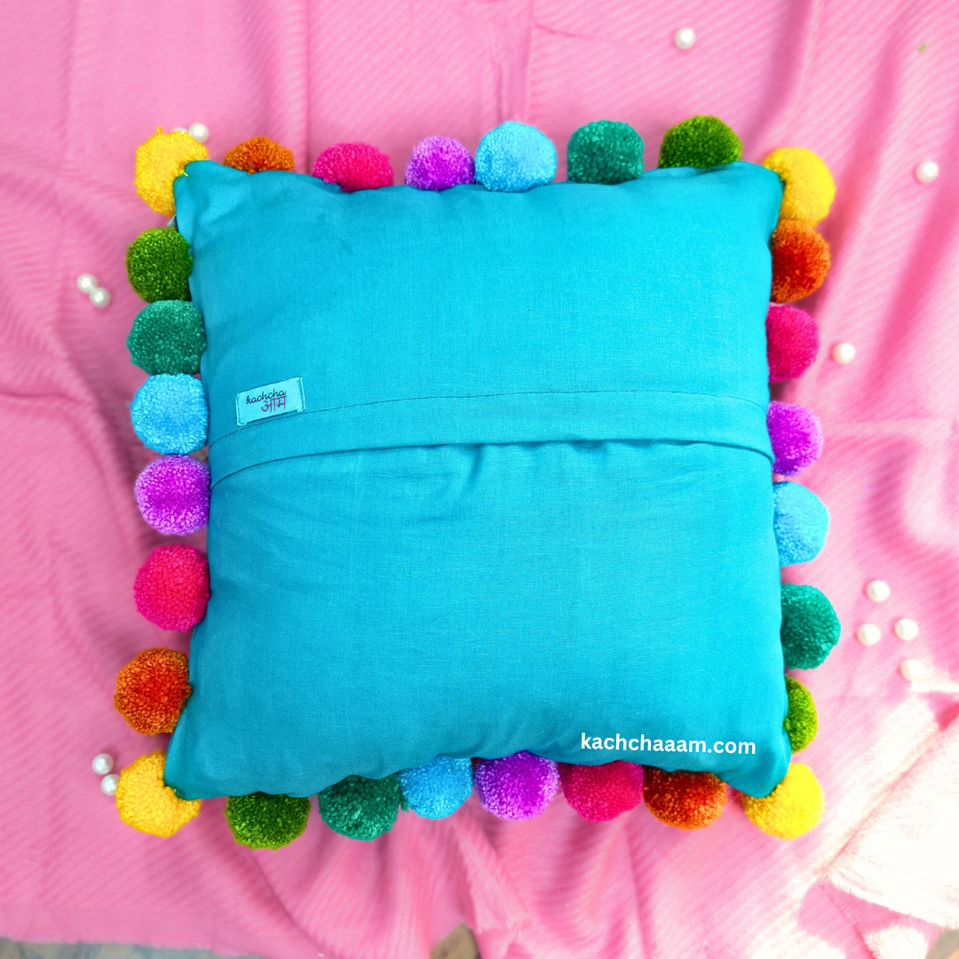 Multi Pompom Teal Cotton Cushion Cover with Lining