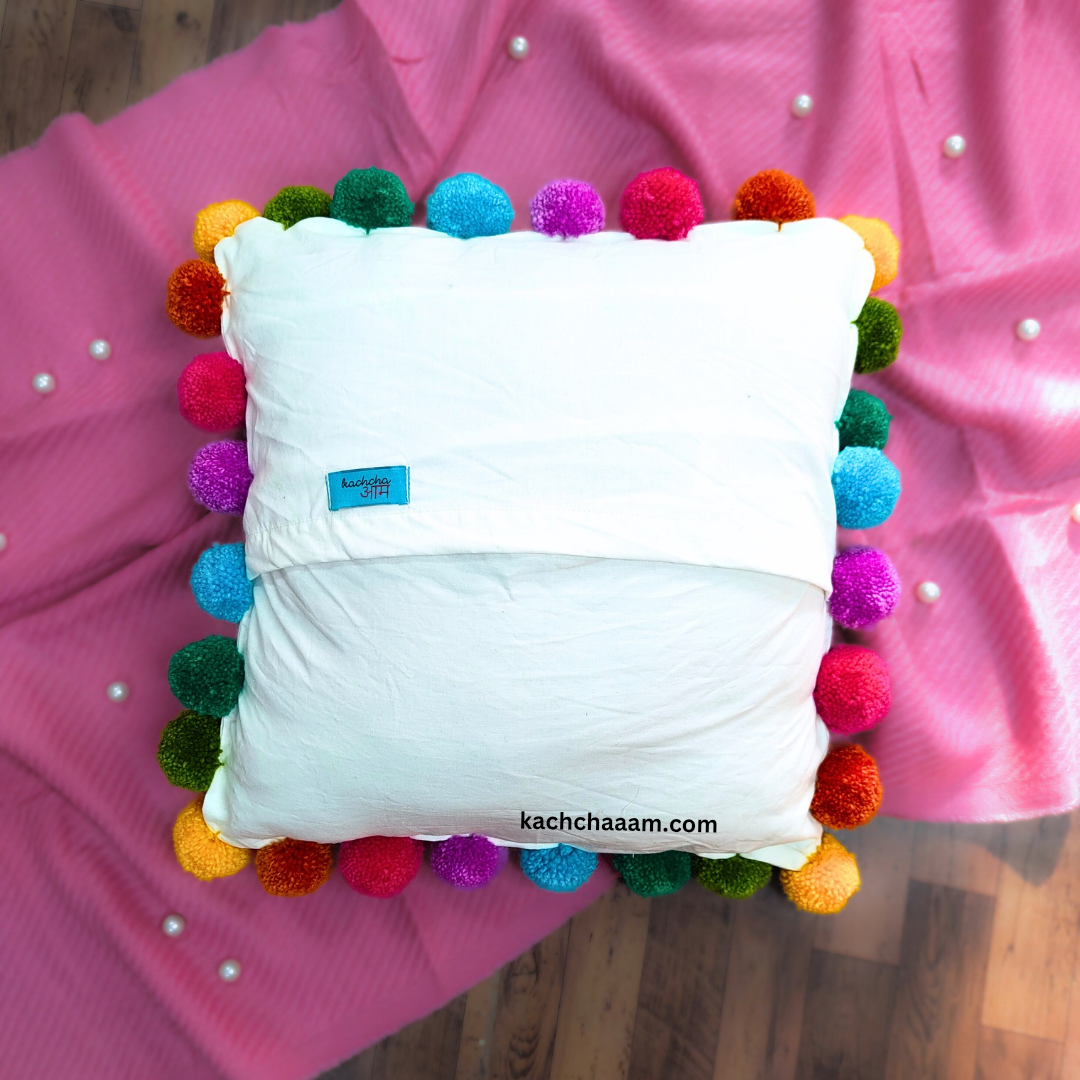 Multi Pompom White Cotton Cushion Cover with Lining