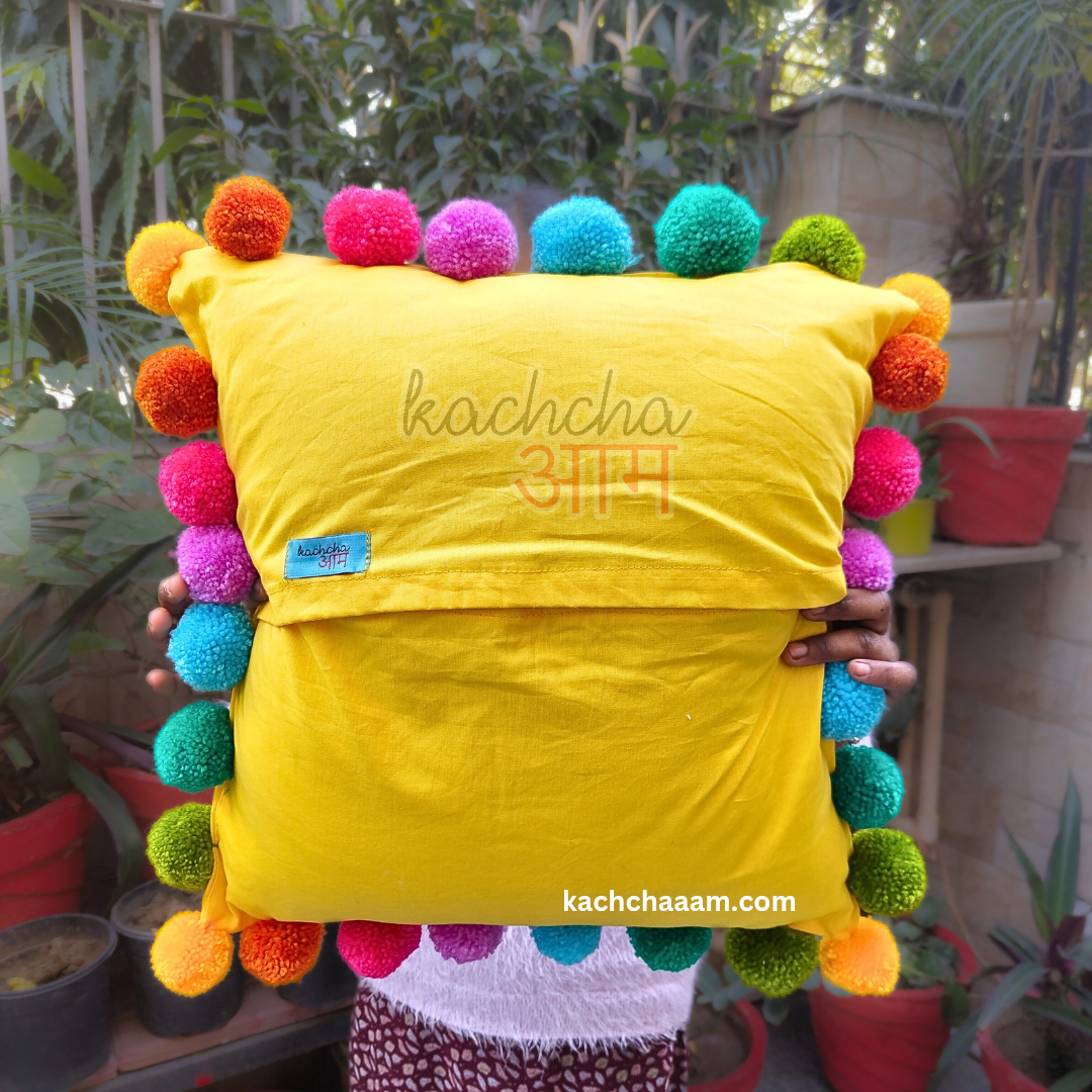 Multi Pompom Yellow Cotton Cushion Cover with Lining