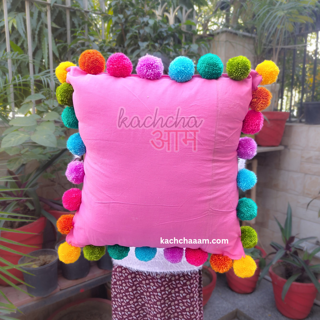 Multi Pompom Pink Cotton Cushion Cover with Lining