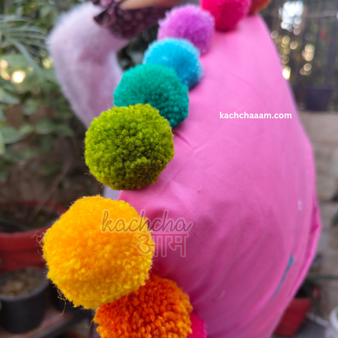 Multi Pompom Pink Cotton Cushion Cover with Lining
