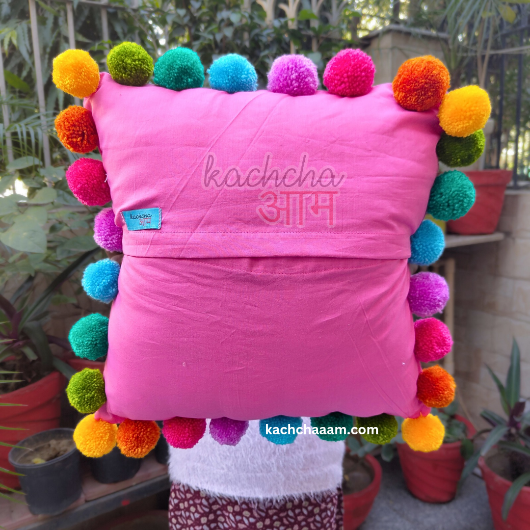 Multi Pompom Pink Cotton Cushion Cover with Lining