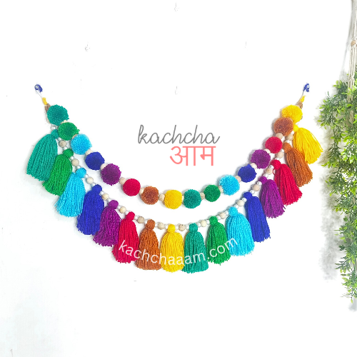 2 Layered VIBGYOR Pompom and Tassel Wool Bunting Wall Decor