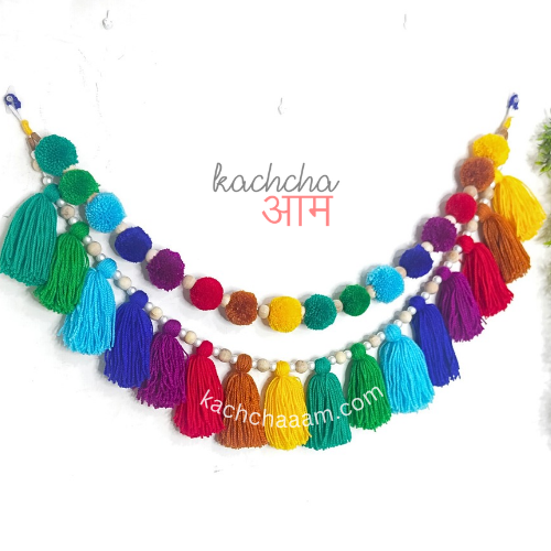 2 Layered VIBGYOR Pompom and Tassel Wool Bunting Wall Decor