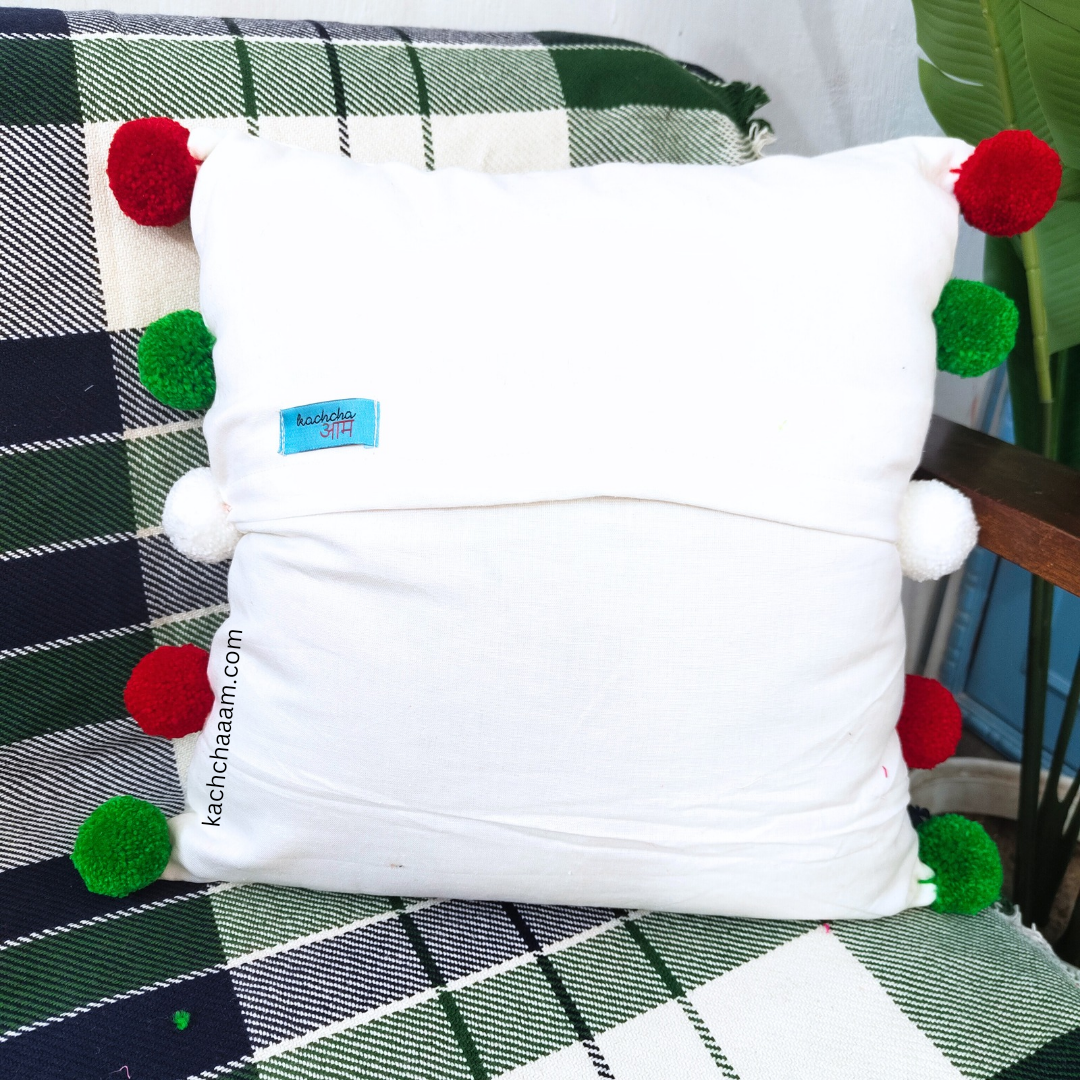 Christmas Pompom White Cotton Cushion Cover with Lining