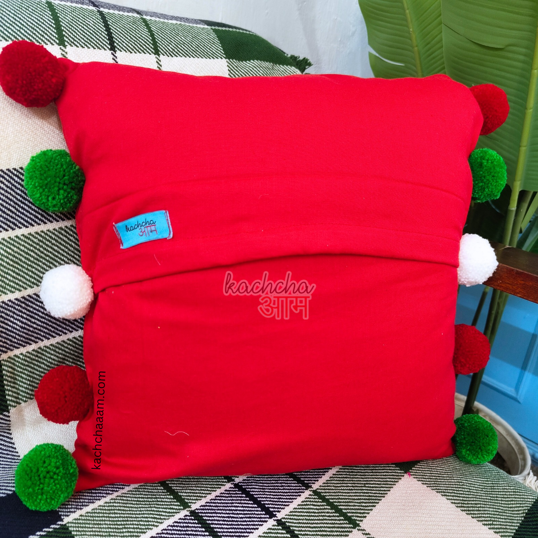 Christmas Pompom Red Cotton Cushion Cover with Lining