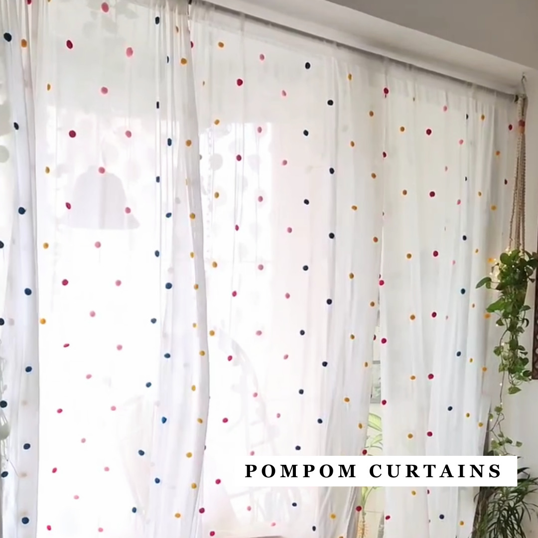 Pompom Curtains 100% Thick Cotton Fabric