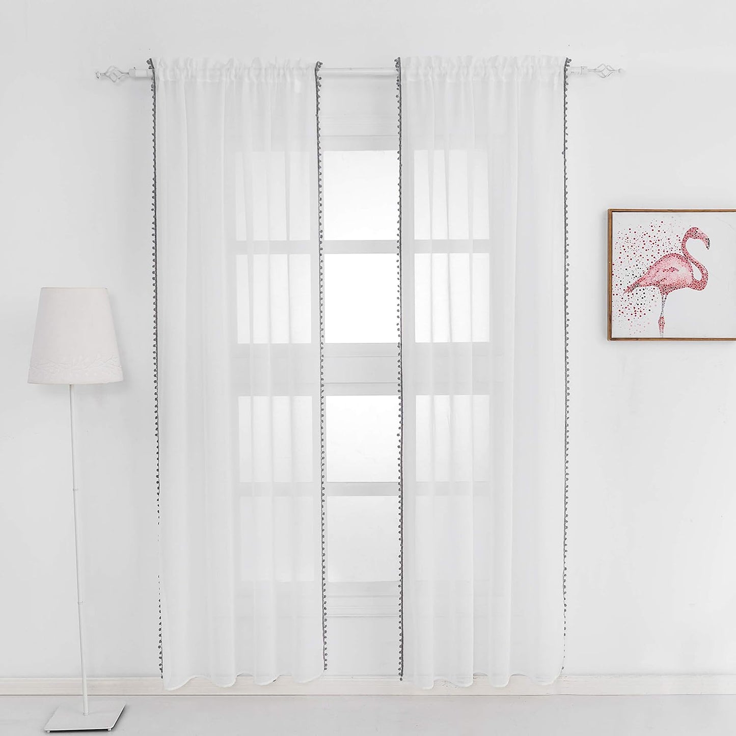 Grey Color Pompom Lace White Sheer Curtain