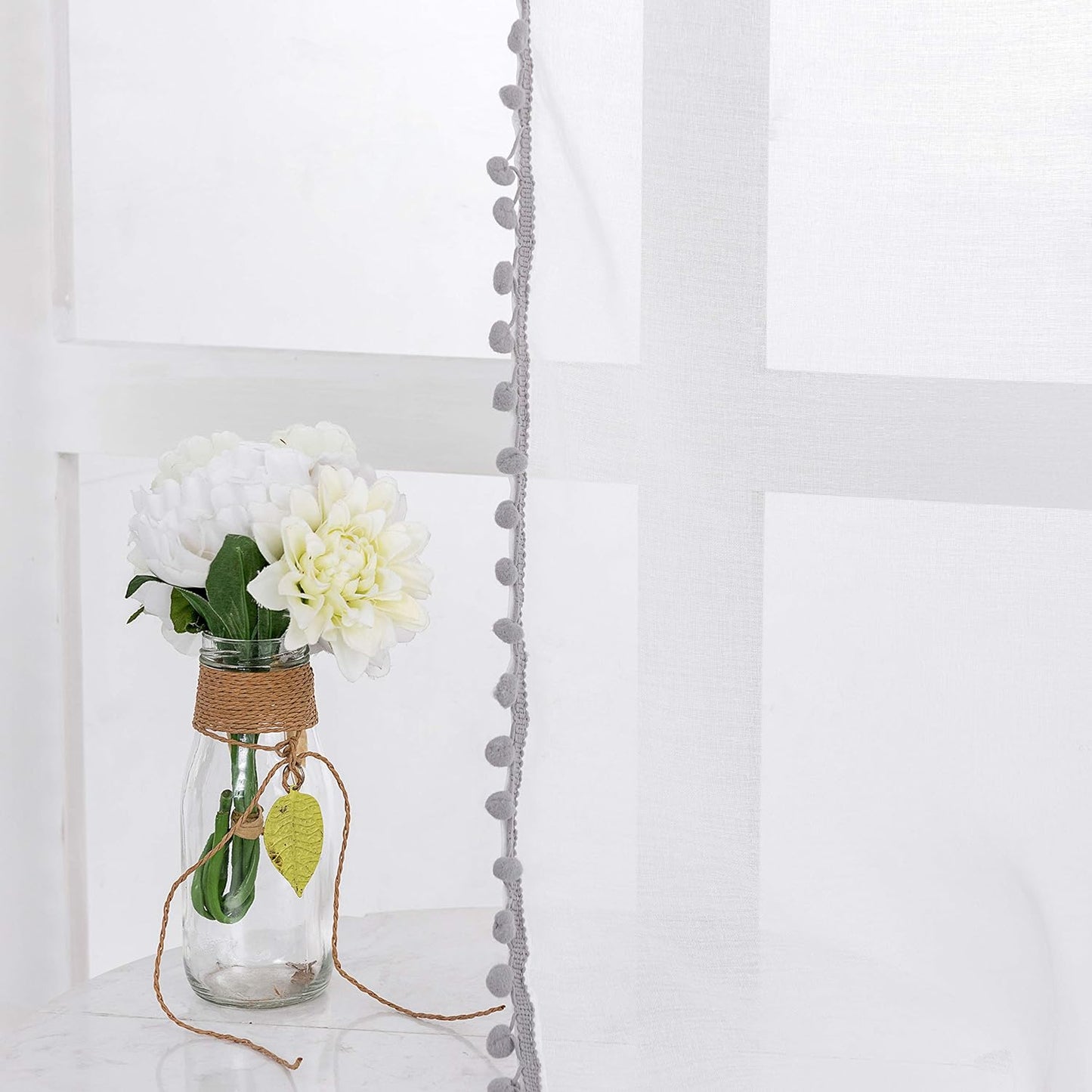 Grey Color Pompom Lace White Sheer Curtain