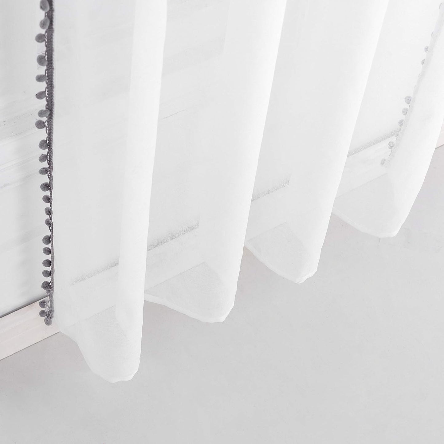Grey Color Pompom Lace White Sheer Curtain
