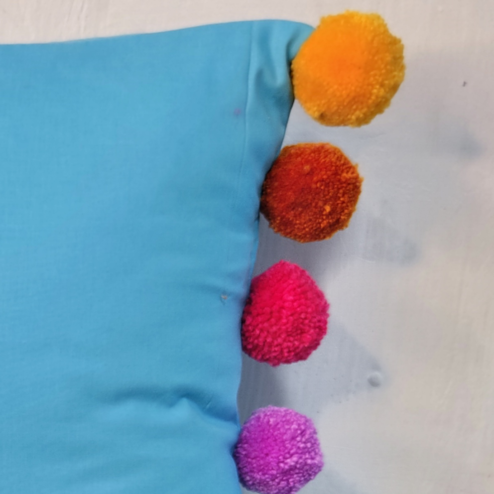 Rainbow Pompom Blue Cotton Cushion Cover with Lining