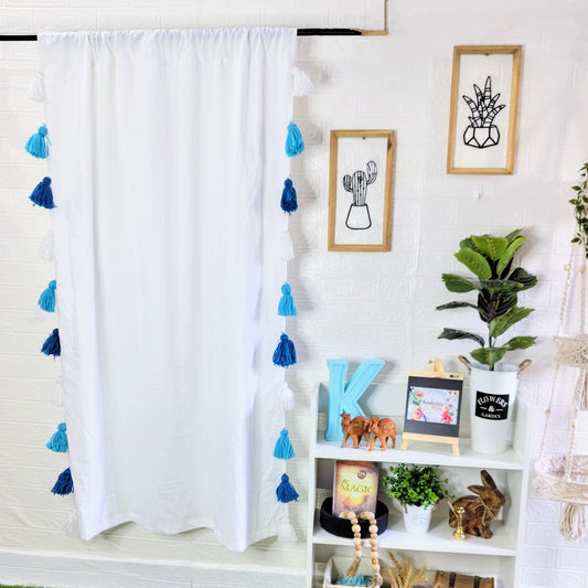Blue Ombre Tassel White Curtains (Cotton & Sheer)