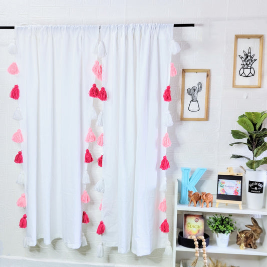 Pink Ombre Tassel White Curtains (Cotton & Sheer)