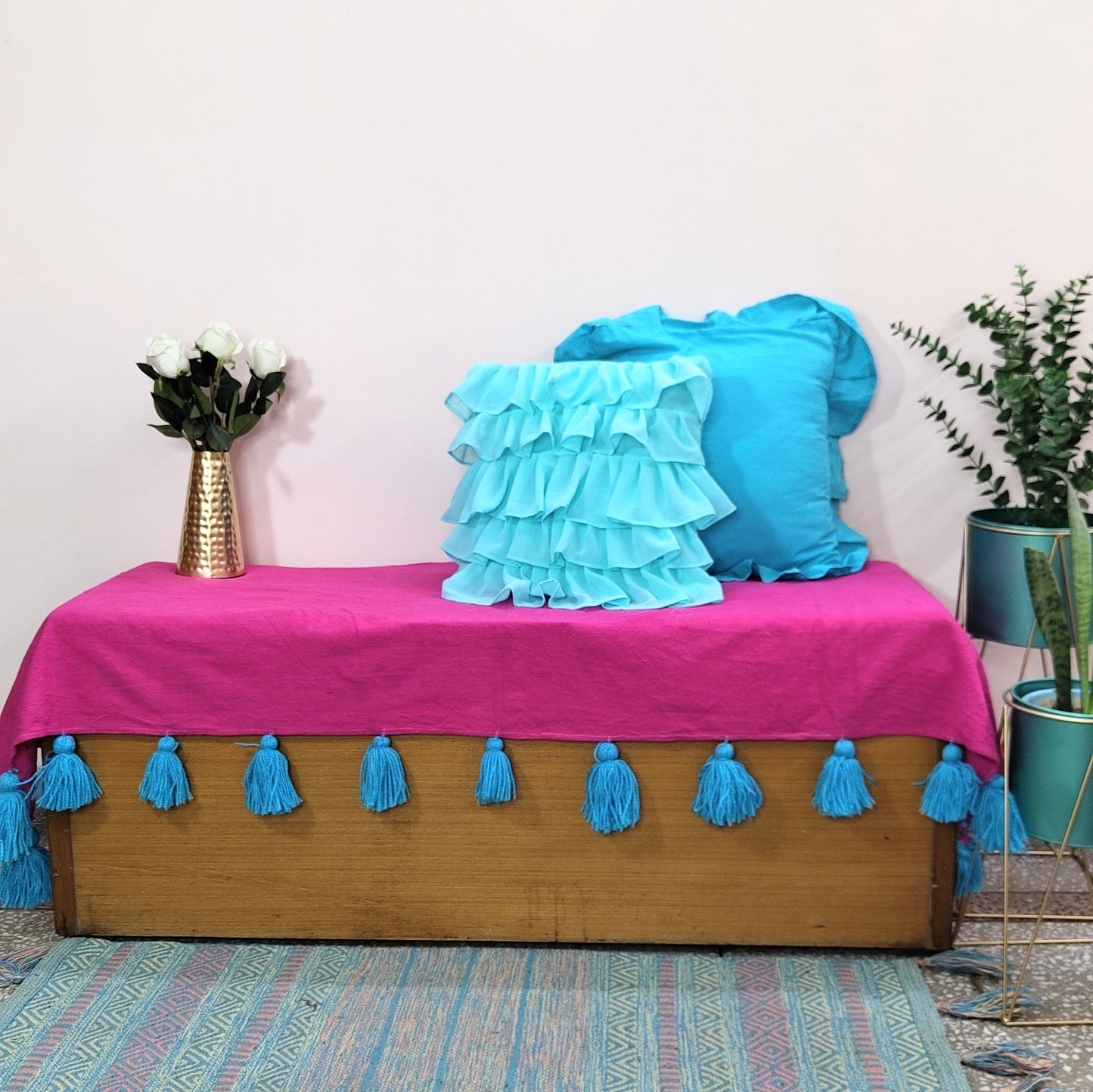 Pink Cotton Slub Sofa Cover with Blue Tassels